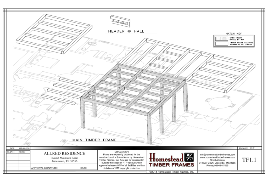 Hybrid custom timber frame house plans showing main timber frame