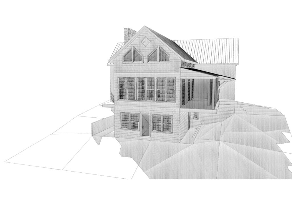 Shop Drawing showing full exterior of custom timber frame home built to adjoin existing house