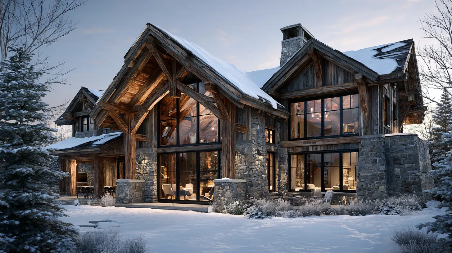 timber frame home with snow